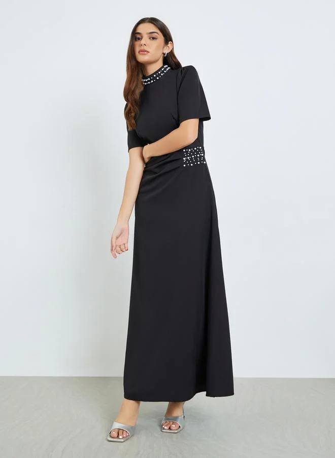 Styli Women Black Embellished Beaded Maxi Dress